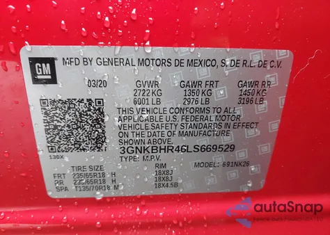 2020 Chevrolet Blazer Awd 2Lt из США, поврежденный, VIN 3GNKBHR46LS669529